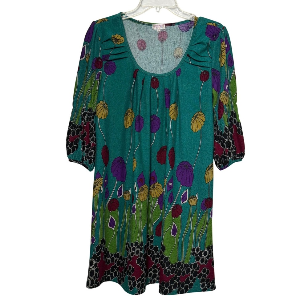 Funky People Green Floral Tunic Dress Size Small Boho Retro Mod